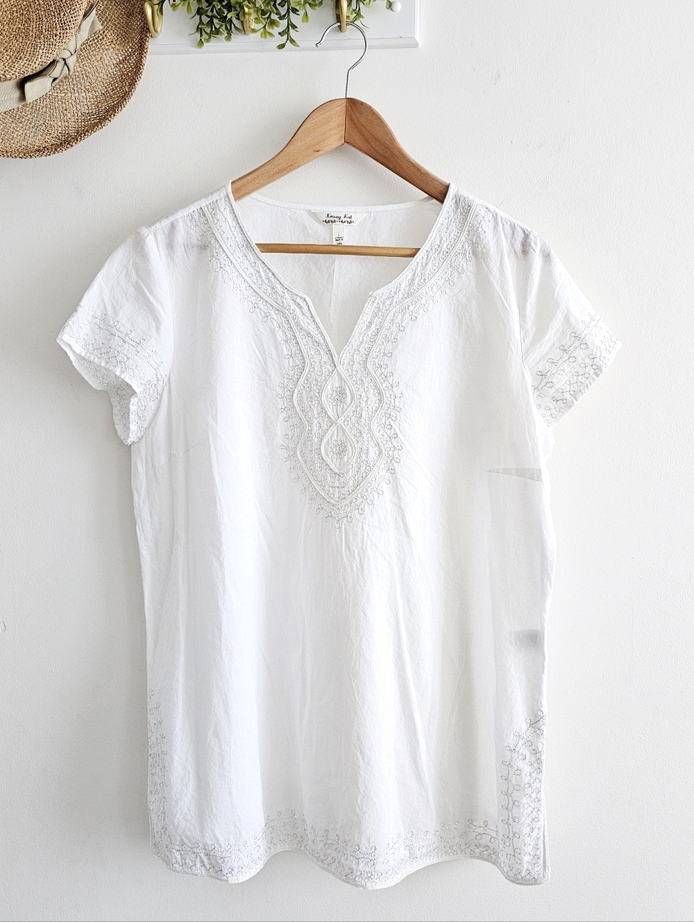 Krazy Kat White Embroidered Blouse Boho Cotton Tunic Short Sleeve Top L
